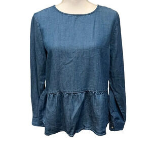 LOFT‎ Blue Chambray Long Sleeve Ruffled Hem Button Back Top Womens Small